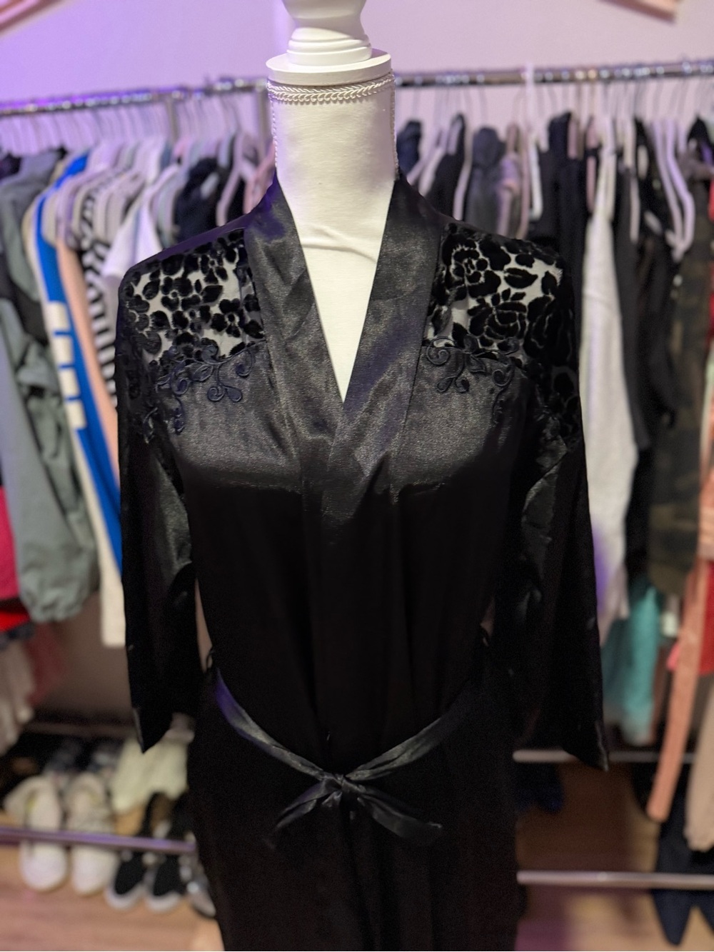 Vintage L.A. Intimates Black Satin Women's Robe with Velvet Floral Shoulder